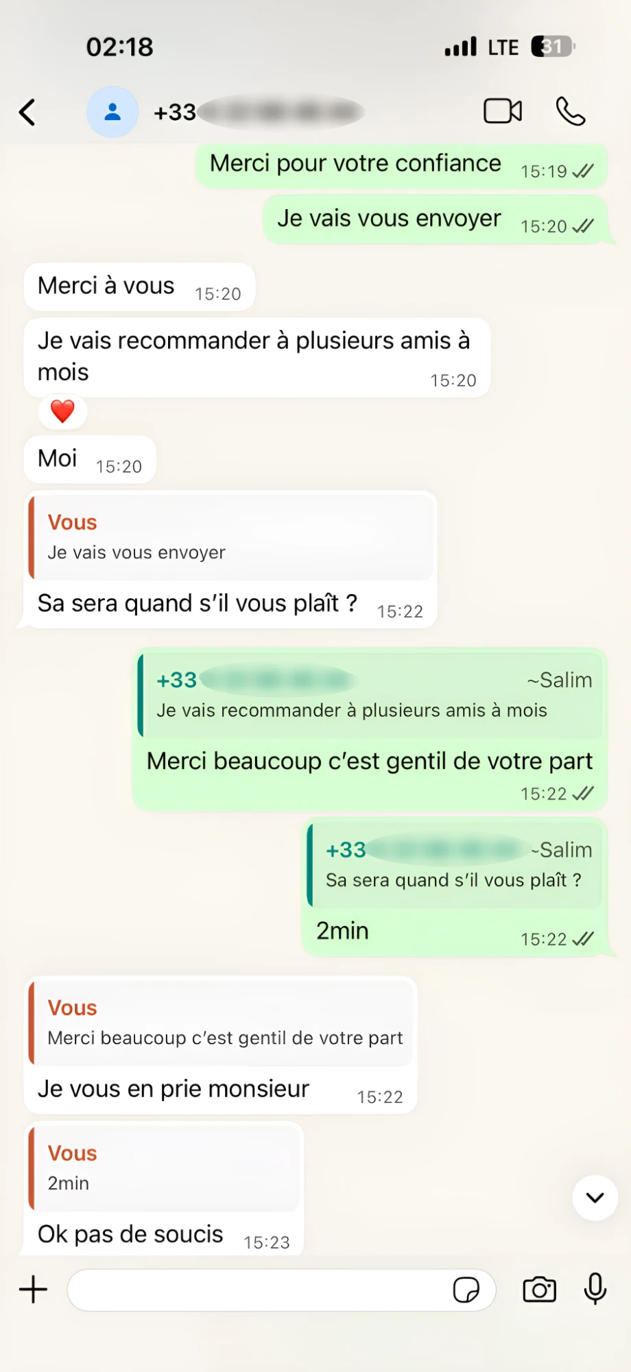 Avis client WhatsApp